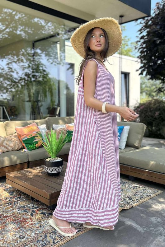 Made in Italy Marina Chalk Stripe Pocketed Sun Dress Indian Pink